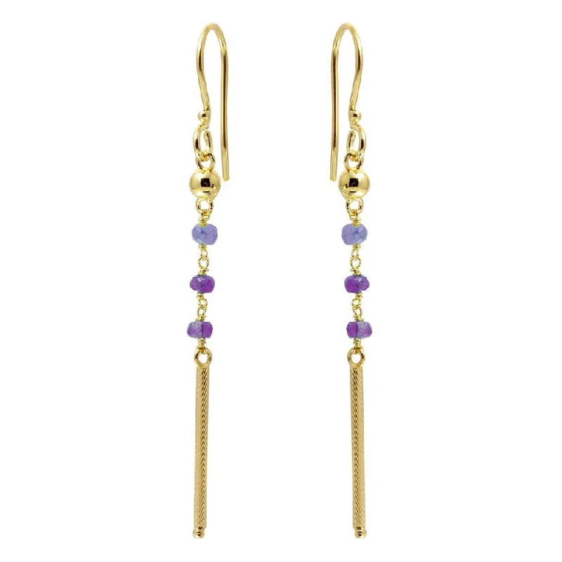 ladies-silver-drop-earrings-Gold Plated 925 Sterling Silver Dangling 3 Purple Bead with Matte Gold Bar Earrings - DIE00009GP-AM