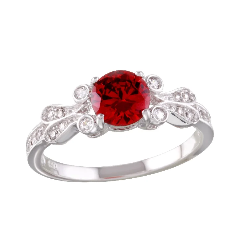 ladies ring feather tiger’s eye-Rhodium Plated 925 Sterling Silver Red Oval CZ Ring - BGR01165GAR