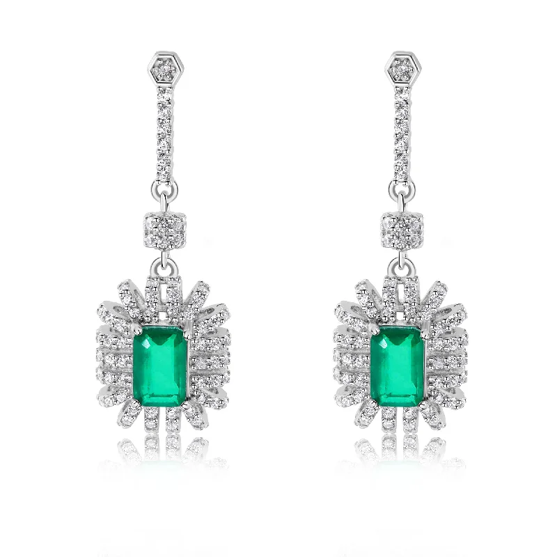 ladies-fashion-silver-earrings-Rhodium Plated 925 Sterling Silver Dangling Green CZ Stud Earrings - BGE00745