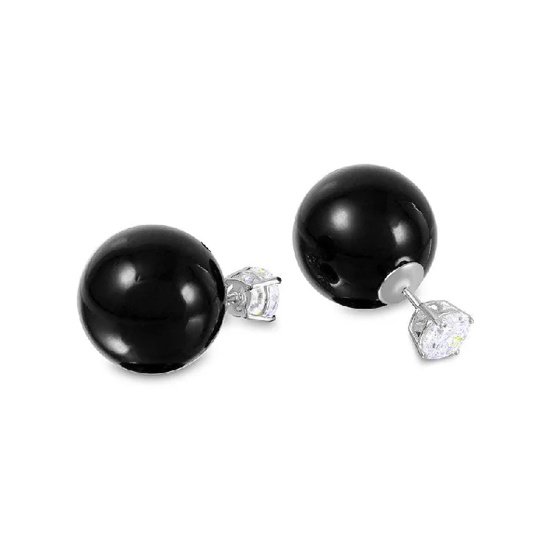 ladies-unique-silver-earrings-Silver 925 Rhodium Plated CZ Black Synthetic Pearls Front and Back Earrings - STE00994BLK