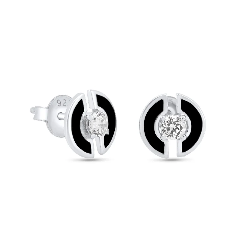 ladies-everyday-earrings-Rhodium Plated 925 Sterling Silver Enamel Double Half Circle Stud 11mm Earrings - GME00137