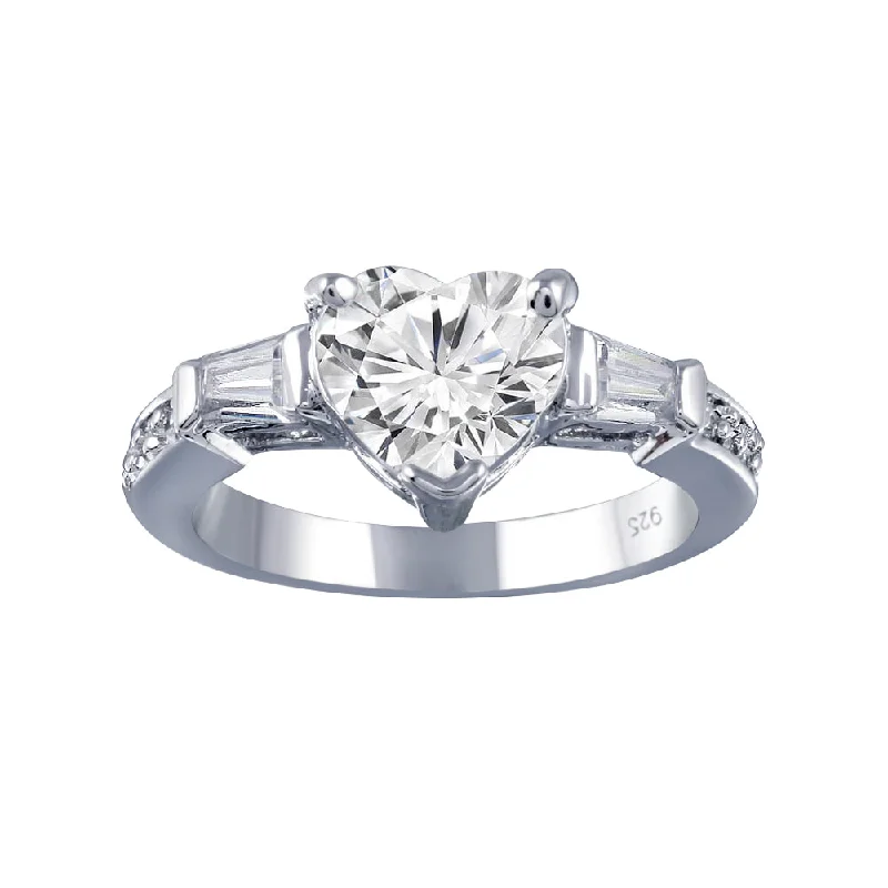 ladies ring bold geometric shape-Rhodium Plated 925 Sterling Silver Clear CZ Heart Bridal Ring - BGR00388