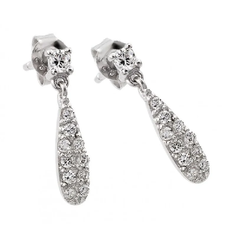 ladies-chandelier-diamond-earrings-Silver 925 Rhodium Plated Round Clear CZ Teardrop Dangling Stud Earrings - STE00957