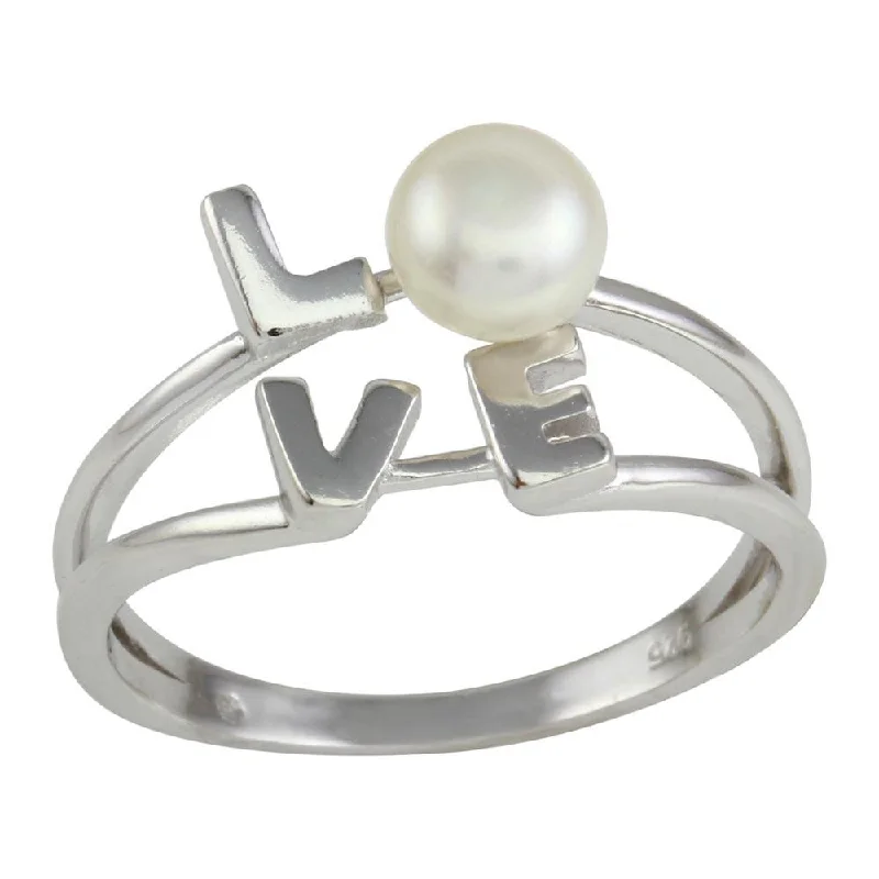 ladies ring celestial starburst-Rhodium Plated 925 Sterling Silver Love Word Ring with Synthetic Pearl - BGR01136