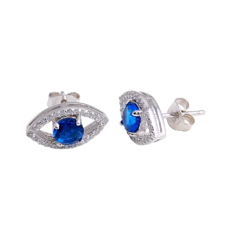 ladies-fashion-hoop-earrings-Rhodium Plated 925 Sterling Silver Blue CZ Center Evil Eye Stud Earrings - BGE00600