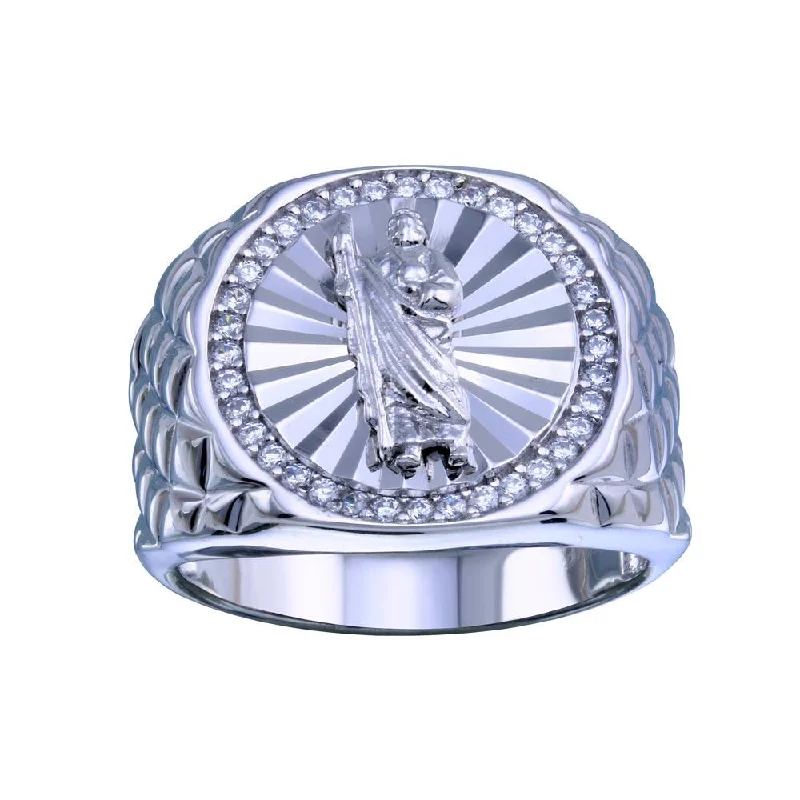 ladies ring tropical palm detail-Rhodium Plated 925 Sterling Silver Saint Jude CZ Ring - GMR00333