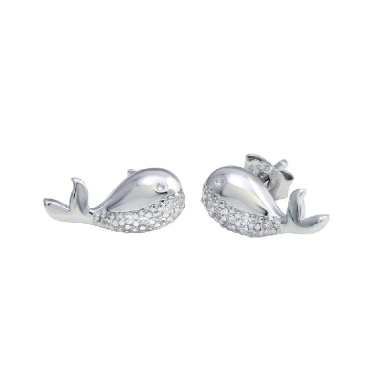 ladies-birthstone-earrings-Rhodium Plated 925 Sterling Silver Whale CZ Stud Earrings - STE01217