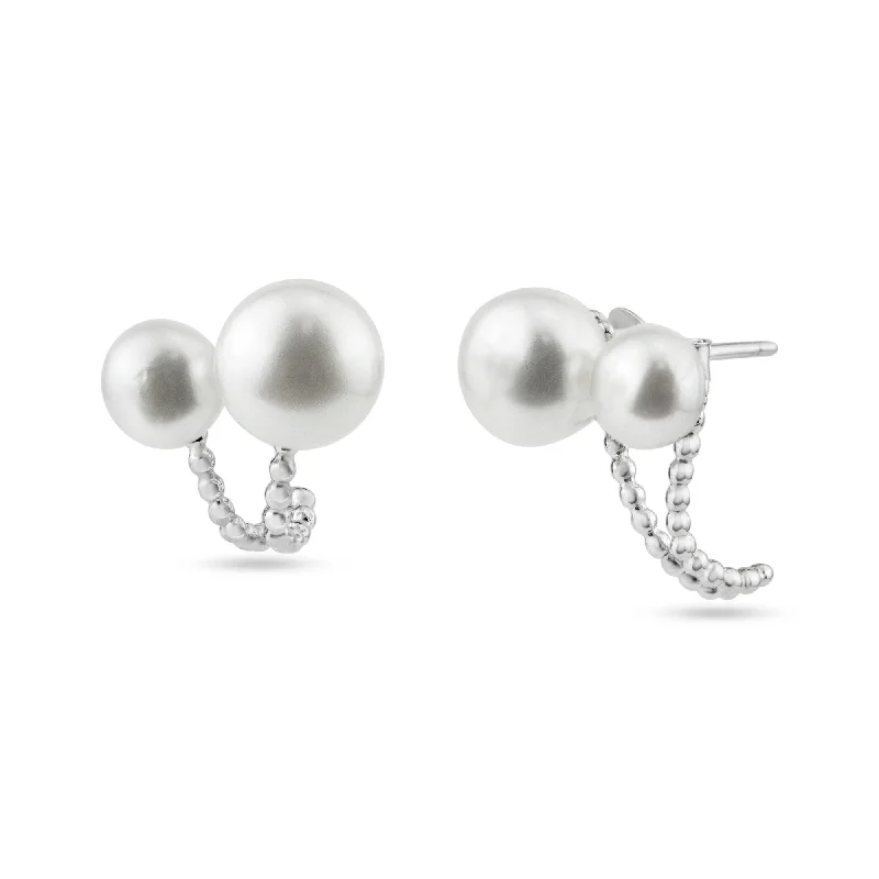 ladies-modern-gold-earrings-Wholesale Sterling Rhodium Plated 925 Sterling Silver Ear Huggie Pearl Earring - BGE00541