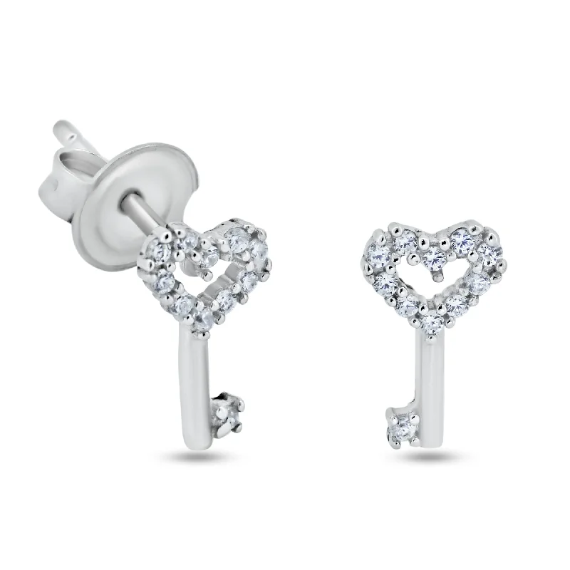 ladies-fashion-gold-earrings-Rhodium Plated 925 Sterling Silver CZ Heart Key Stud Earrings - GME00135