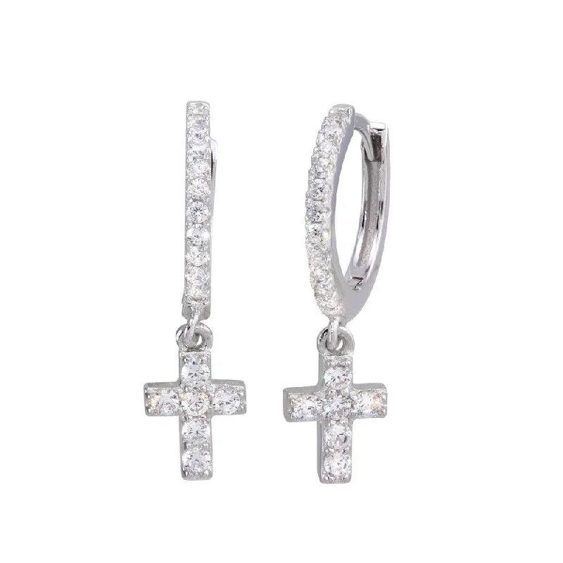 ladies-drop-crystal-earrings-Rhodium Plated 925 Sterling Silver Dangling Cross CZ huggie hoop Earrings - STE01211