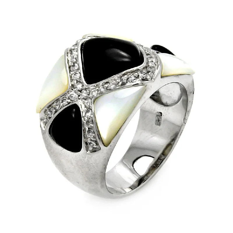 ladies ring birthstone cluster-Clearance-Silver 925 Rhodium Plated Black Onyx Pearl CZ Ring - STR00276