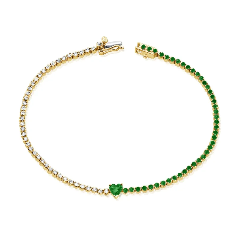 Ladies bracelets vintage bangles -Radiant 14K Gold Emerald Heart and Diamond Tennis Bracelet