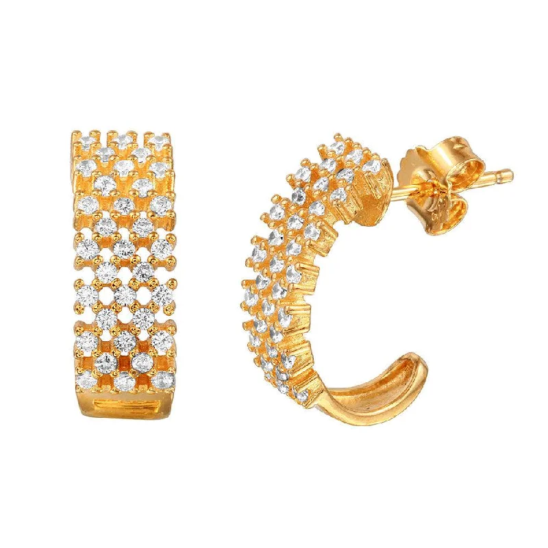 ladies-minimalist-silver-earrings-Silver 925 Gold Plated Checkered CZ Semi-huggie hoop Earrings - ACE00082GP