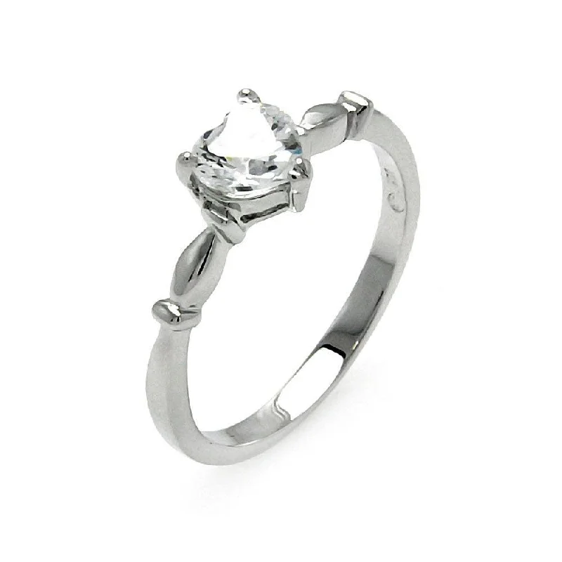 ladies ring floral petal design-Silver 925 Rhodium Plated Heart Clear CZ Bridal Ring - BGR00521