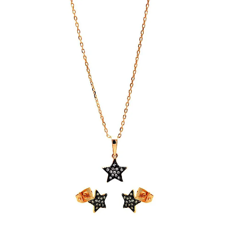 ladies-everyday-diamond-earrings-Silver 925 Black Rhodium and Gold Plated Clear Mini Star CZ Stud Earring and Necklace Set - BGS00278