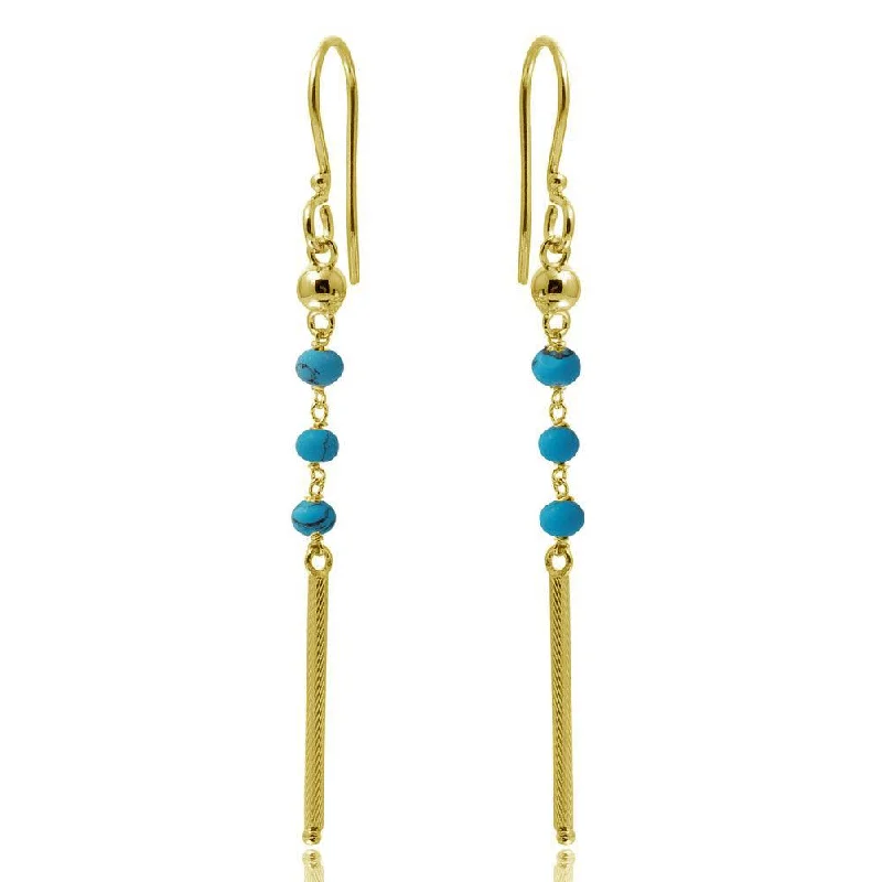 ladies-pearl-dangle-earrings-Gold Plated 925 Sterling Silver Dangling 3 Turquoise Bead with Matte Gold Bar Earrings - DIE00009GP-TQ