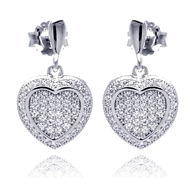 ladies-gift-diamond-earrings-Silver 925 Rhodium Plated Micro Pave Heart Clear CZ Dangling Stud Earrings - ACE00042