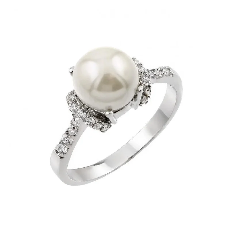 ladies ring elegant leaf motif-Silver 925 Rhodium Plated Synthetic Pearl Cluster Ring - BGR00904