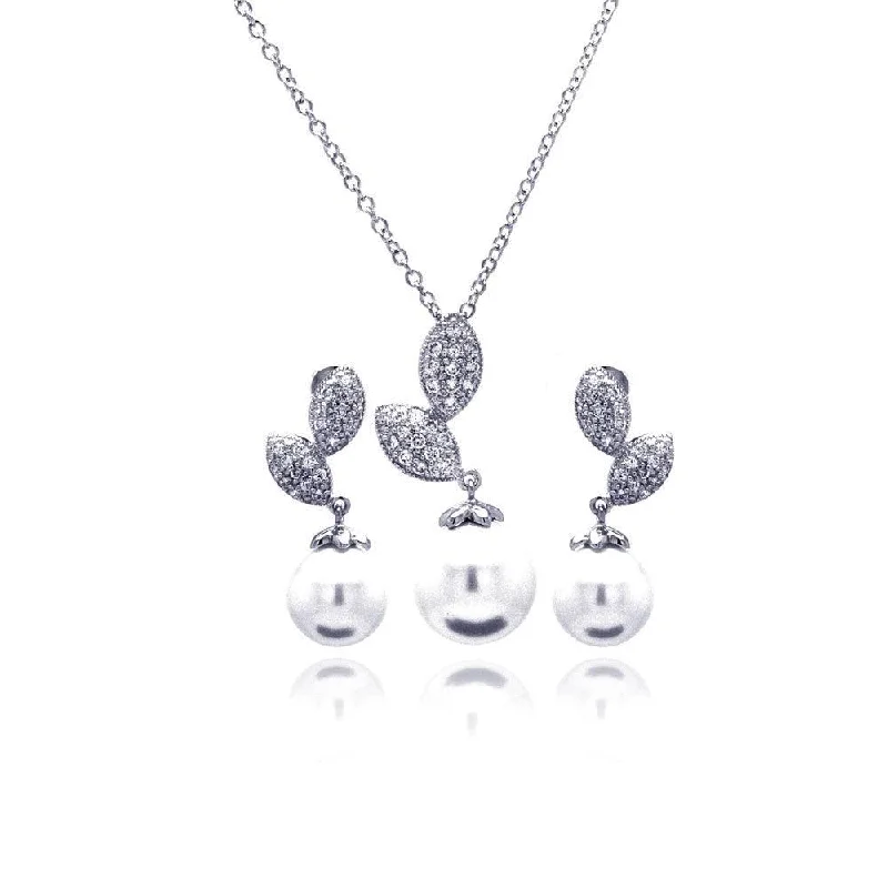 ladies-beaded-silver-earrings-Silver 925 Rhodium Plated Pearl Sprout Clear CZ Hanging Stud Earring and Hanging Necklace Set - BGS00179