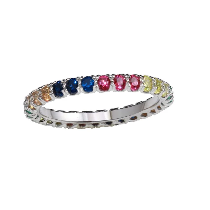 ladies ring luminous halo design-Rhodium Plated 925 Sterling Silver Multi-Colored Round CZ Stone Rings - GMR00066RBC