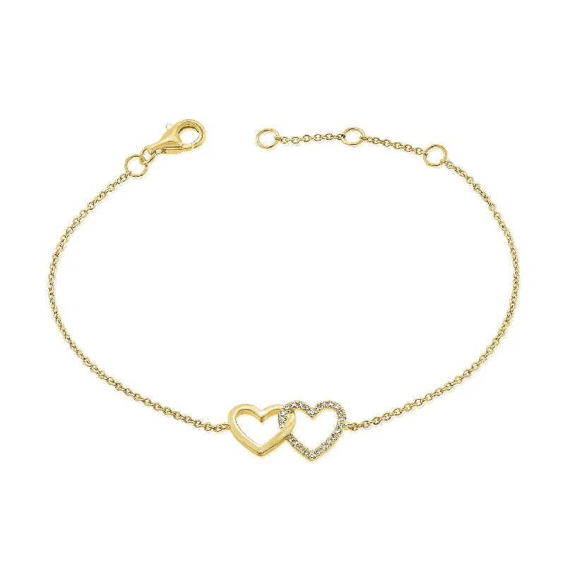 Ladies bracelets etched details -14K Gold Double Heart Bracelet with Diamonds