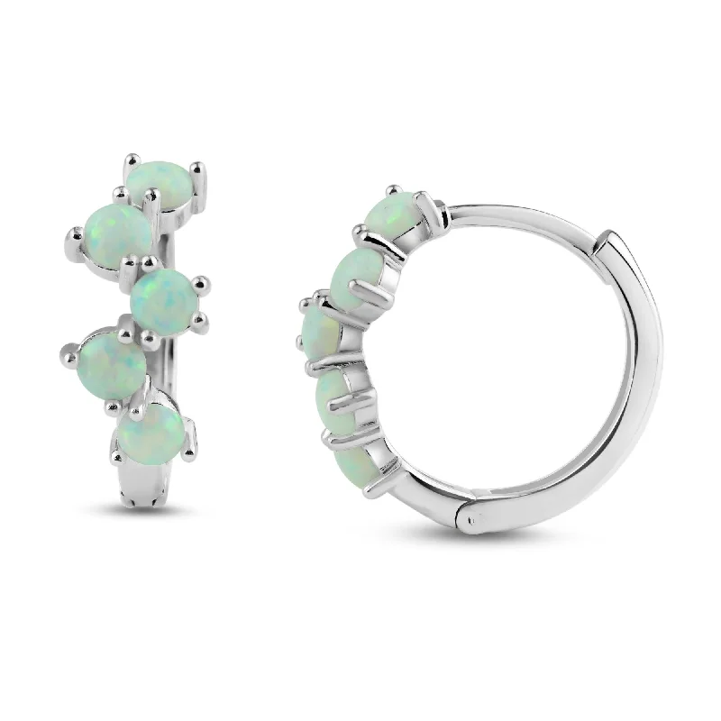 ladies-bohemian-drop-earrings-Rhodium Plated 925 Sterling Silver Alternating Opal Hoop Earring - BGE00738