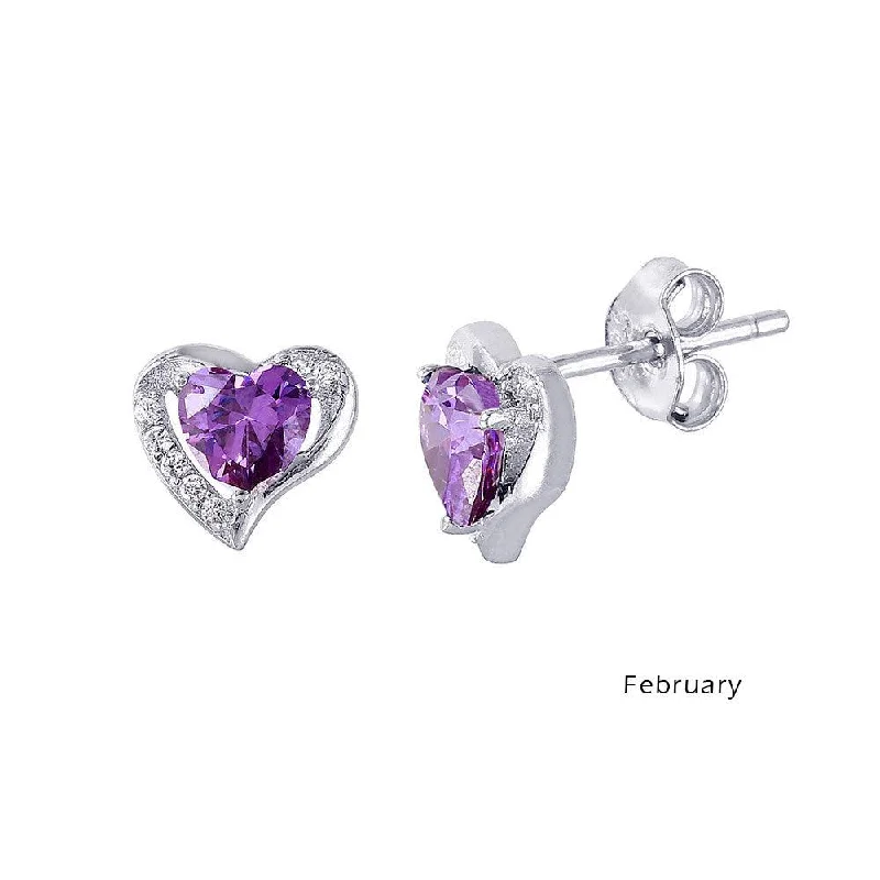 ladies-silver-diamond-earrings-Rhodium Plated 925 Sterling Silver Heart with Birthstone Center Stud Earrings February - STE01028-FEB