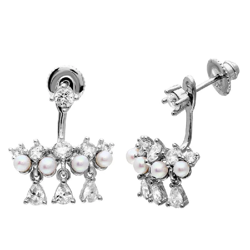 ladies-everyday-rose-gold-earrings-Silver 925 Rhodium Plated Chandelier CZ and Fresh Water Pearl Dangling Earrings - GME00068RH