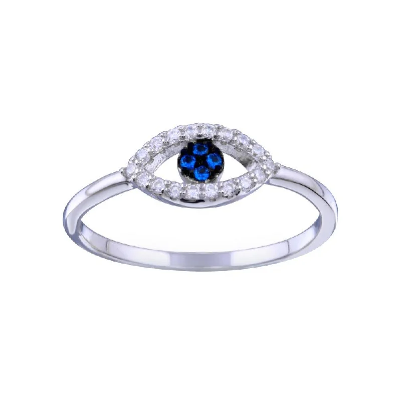 ladies ring bold geometric shape-Rhodium Plated 925 Sterling Silver Blue and Clear CZ Evil Eye Ring - BGR01339