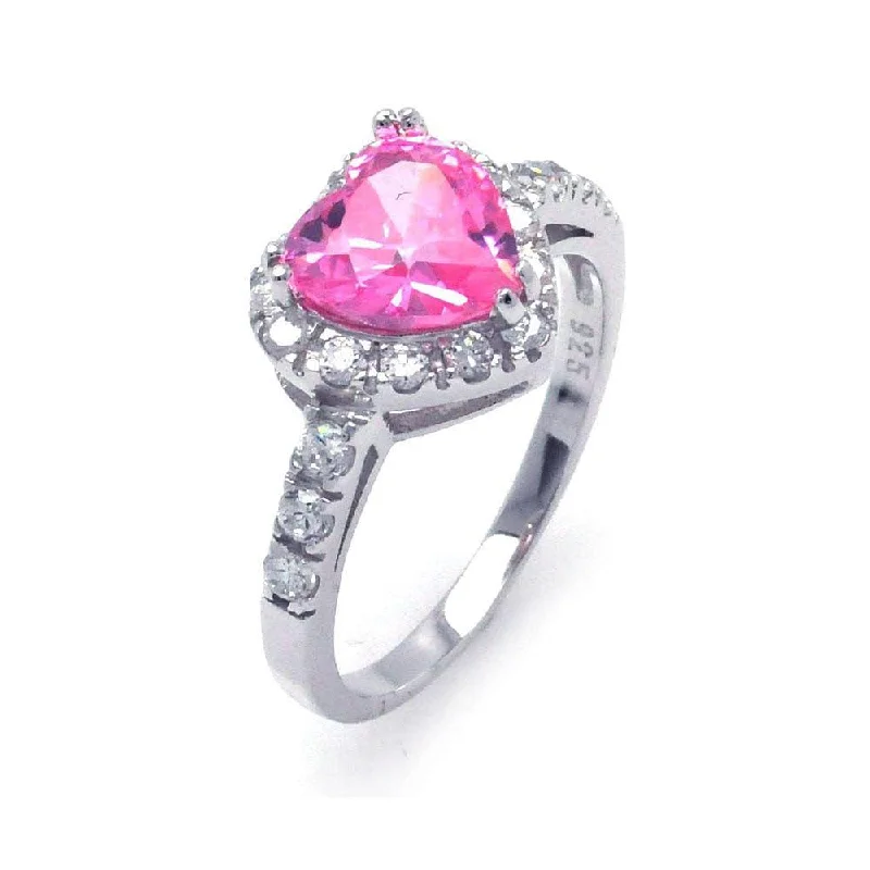 ladies ring zodiac inspired-Silver 925 Rhodium Plated Pink and Clear Cluster CZ Heart Ring - STR00698PNK