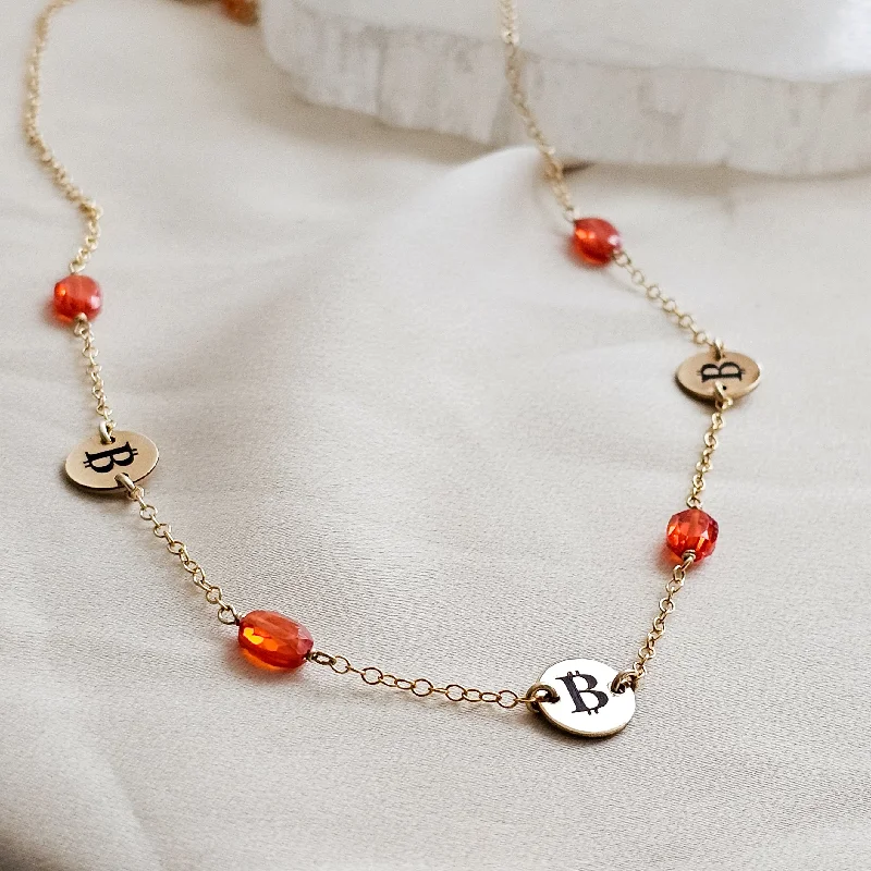 ladies-artisan-heart-necklace-Round Bitcoin Medallion Station Necklace With Orange CZ Accents