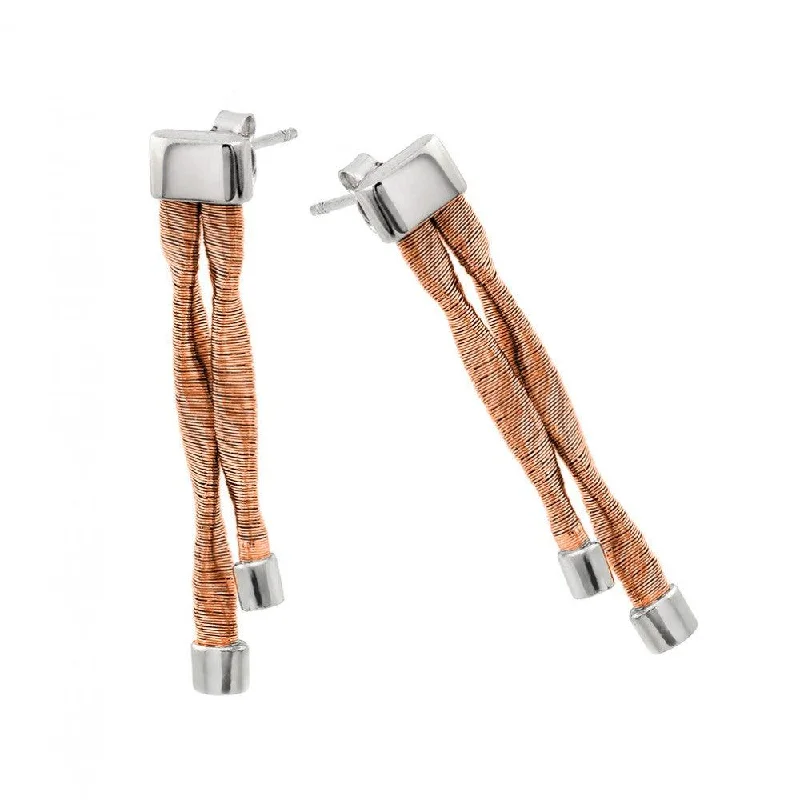 ladies-drop-tassel-earrings-Silver Rhodium and Rose Gold Plated Double Smashed Long Dangling Stud Earrings - ECE004RGP