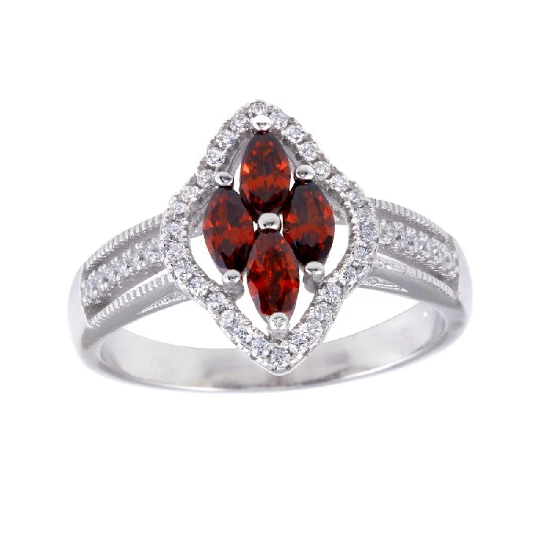 ladies ring trendy star detail-Rhodium Plated 925 Sterling Silver 4 Red Marquise Center CZ Ring - BGR01253RED