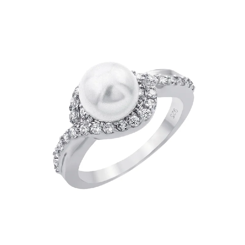 ladies ring rustic branch design-Silver 925 Rhodium Plated Clear Cluster CZ Synthetic Pearl Ring - BGR00910