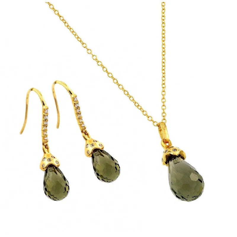 ladies-gold-earrings-Silver 925 Gold Plated Green Teardrop CZ Hook Earring and Necklace Set - BGS00428