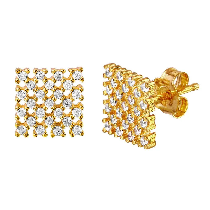 ladies-modern-earrings-Silver 925 Gold Plated Checkered CZ Stud Earrings - ACE00079GP