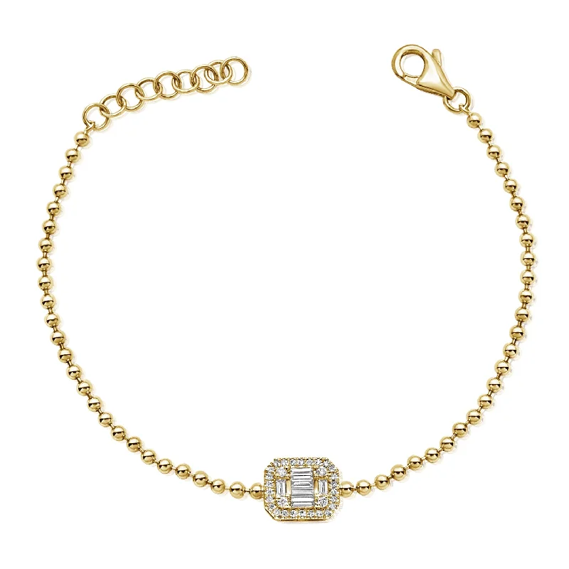 Ladies bracelets with turtle charms -14K Gold Beaded Bracelet with Diamond Halo Emerald-Cut Accent