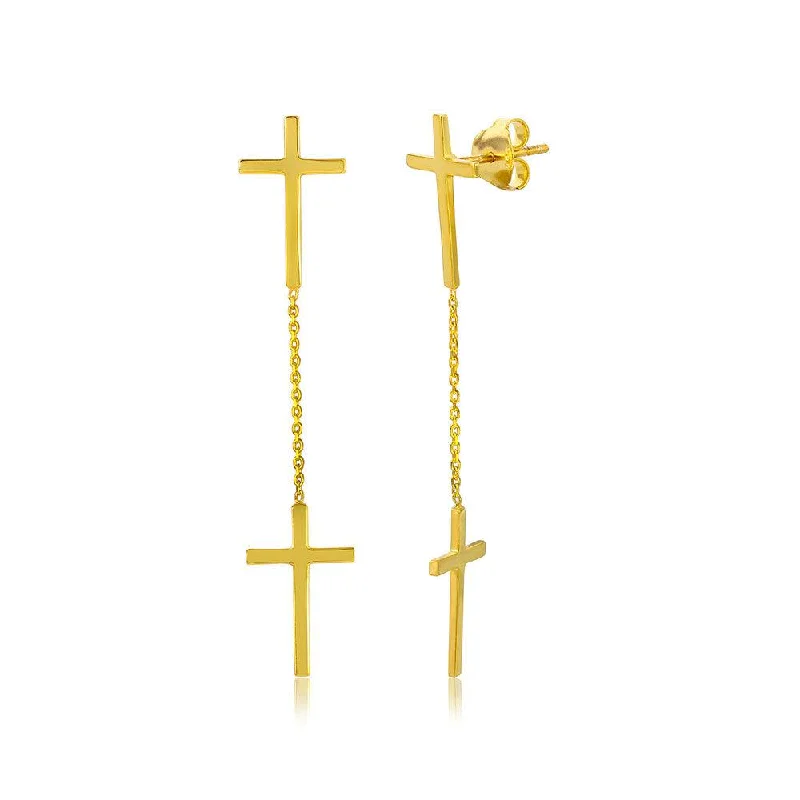 ladies-silver-chandelier-earrings-Silver 925 Gold Plated Double Hanging Cross Earrings - DIE00001GP