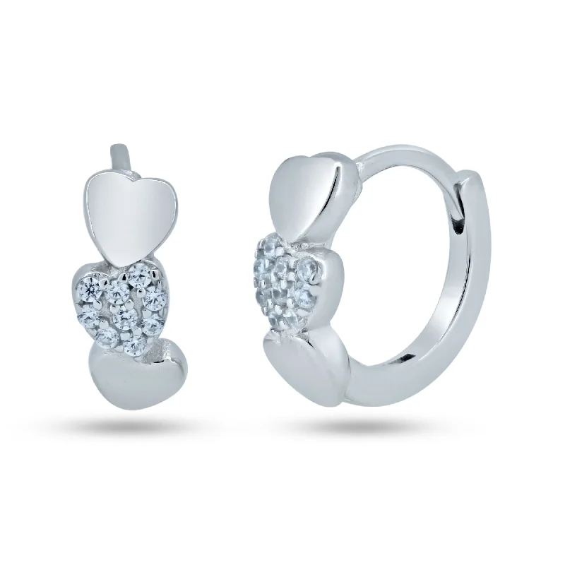 ladies-modern-gold-earrings-Sterling Silver Rhodium Plated Pave Huggie Hearts Hoop Earrings - STE01370