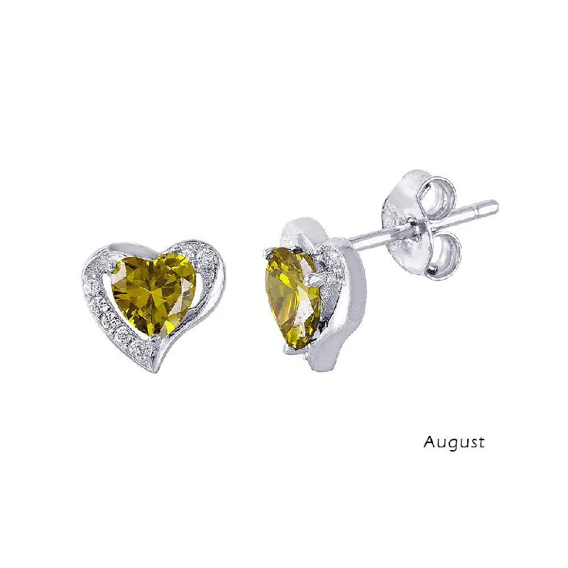 ladies-drop-pearl-earrings-Rhodium Plated 925 Sterling Silver Heart with Birthstone Center Stud Earrings August - STE01028-AUG