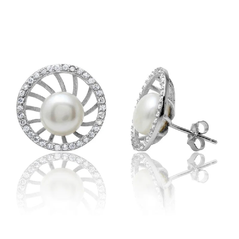 ladies-dangle-silver-earrings-Rhodium Plated 925 Sterling Silver Fresh Water Pearl Center CZ Border Stud Earrings - BGE00514