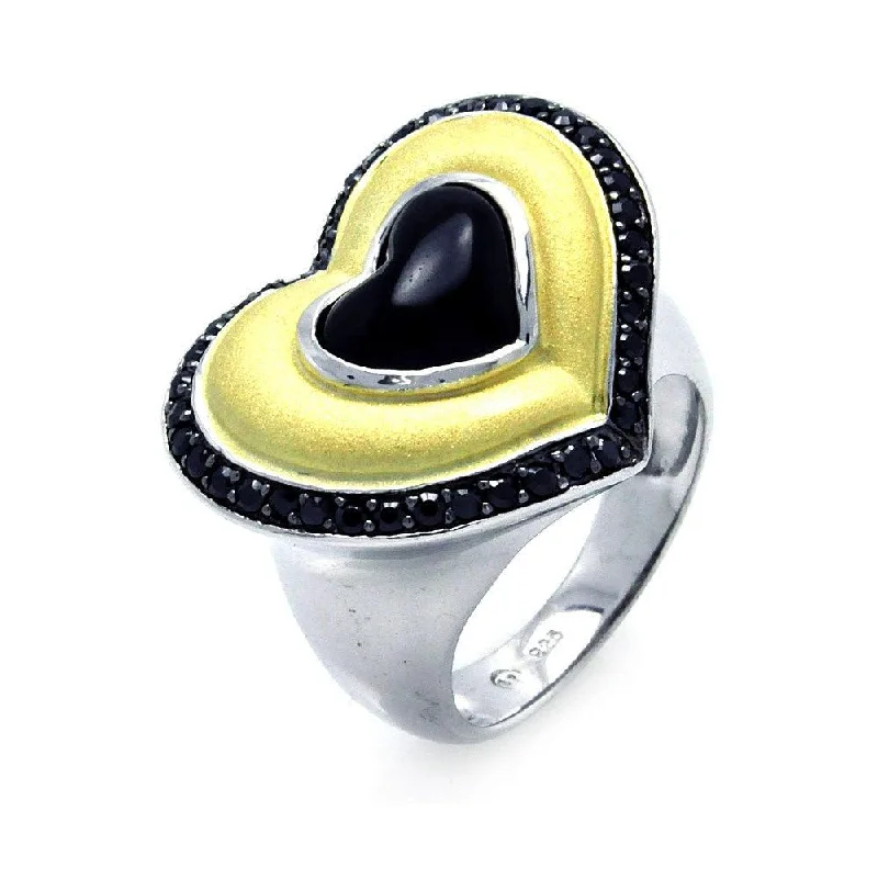 ladies ring fall leaf pattern-Clearance-Silver 925 Rhodium, Black Rhodium, and Gold Plated 3 Toned Black CZ Heart Ring - BGR00274