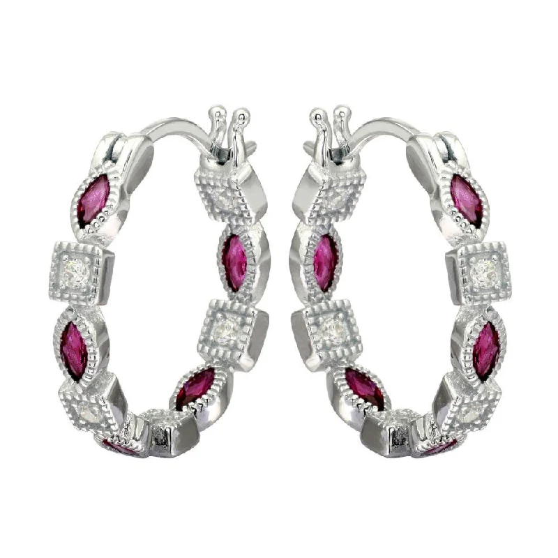 ladies-drop-pearl-earrings-Rhodium Plated 925 Sterling Silver Inner and Outer Red Clear CZ Hoop Earrings - STE01122RED