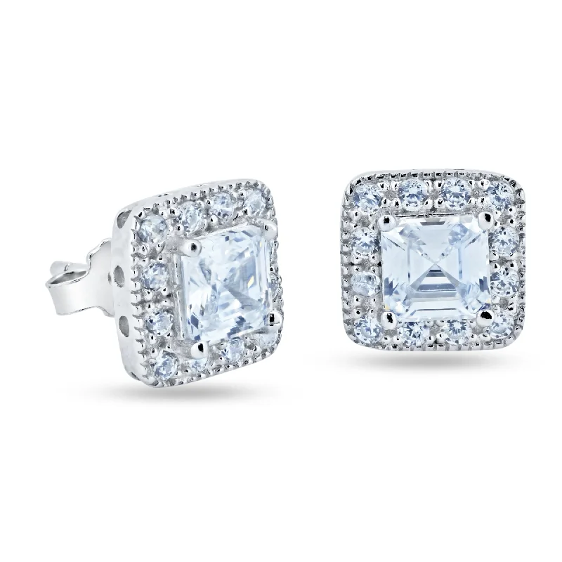 ladies-beaded-heart-earrings-Silver 925 Rhodium Plated Square Cluster CZ Stud Earrings - STE00451