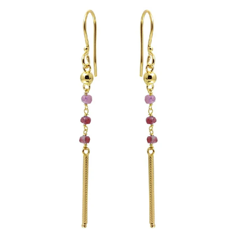 ladies-gift-earrings-Gold Plated 925 Sterling Silver Dangling 3 Dark Red Bead with Matte Gold Bar Earrings - DIE00009GP-GR