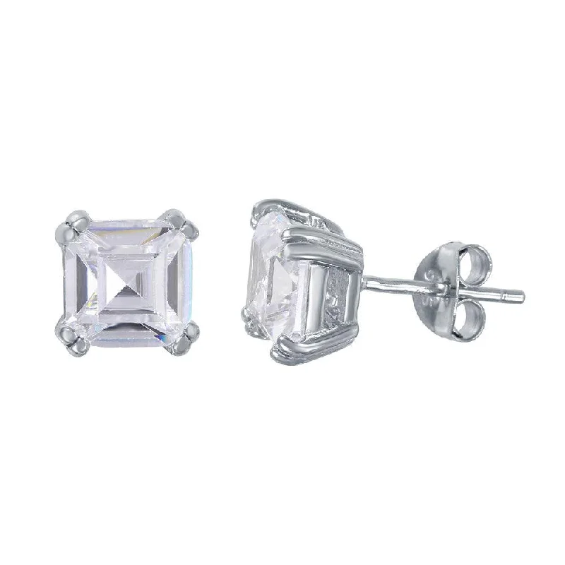 ladies-fashion-dangle-earrings-Silver 925 Rhodium Plated Square CZ Solitaire Stud Earrings - BGE00452