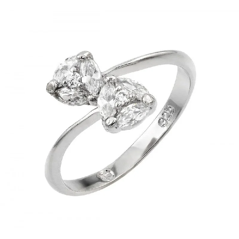 ladies ring elegant leaf motif-Silver 925 Rhodium Plated Twin CZ Ring - BGR00863