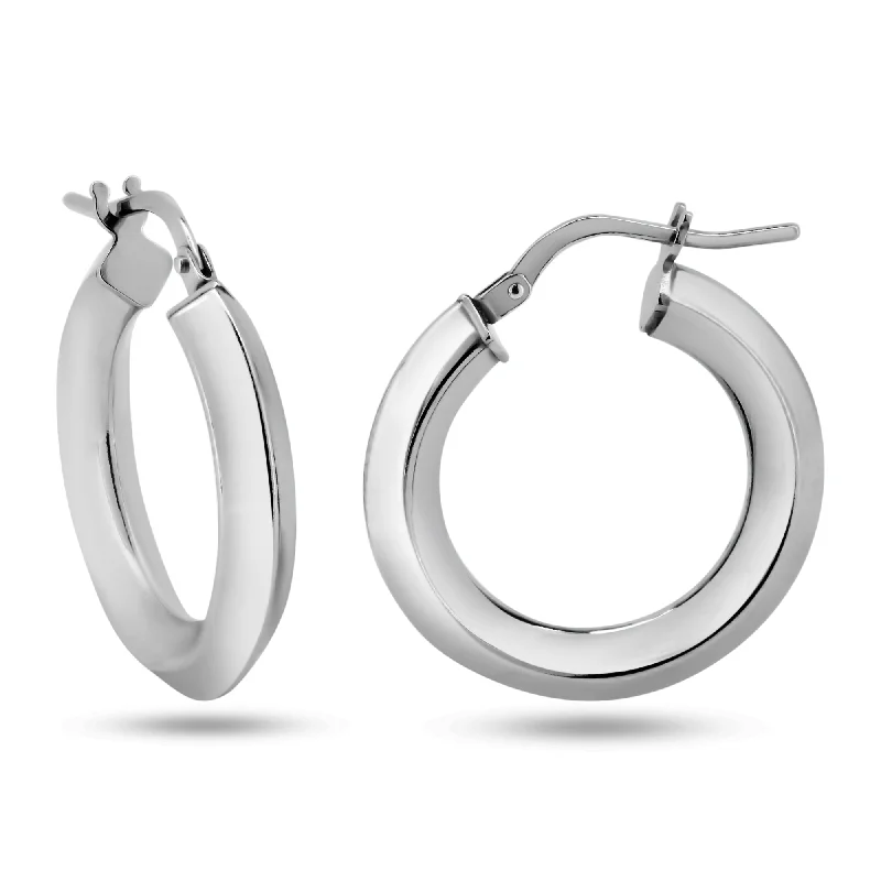 ladies-artisan-pearl-earrings-Rhodium Plated 925 Sterling Silver Chisel Design Hoop Earrings - ARE00039RH