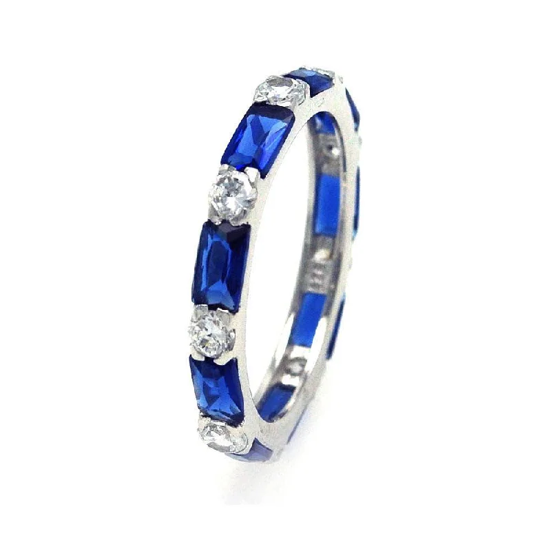 ladies ring bold citrine-Silver 925 Rhodium Plated Blue Baguette Clear CZ Eternity Ring - STR00516BLU