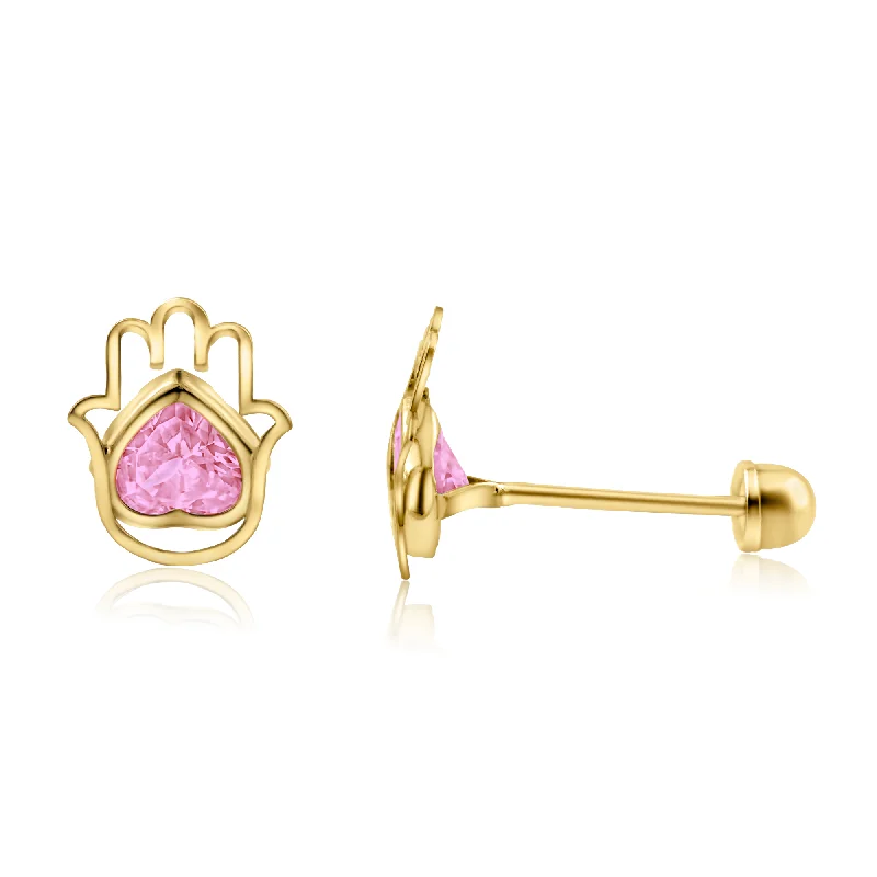 ladies-fashion-earrings-14E00313PNK. - 14 Karat Yellow Gold Hamsa Heart Pink CZ Screw Back Stud Earrings